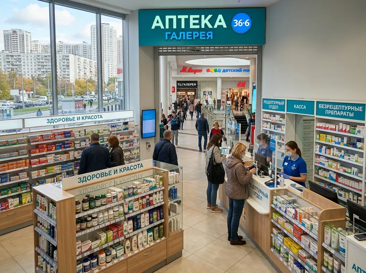 Аптека в торговом центре, светлый торговый зал, витрины с лекарствами, спальный район Москвы
