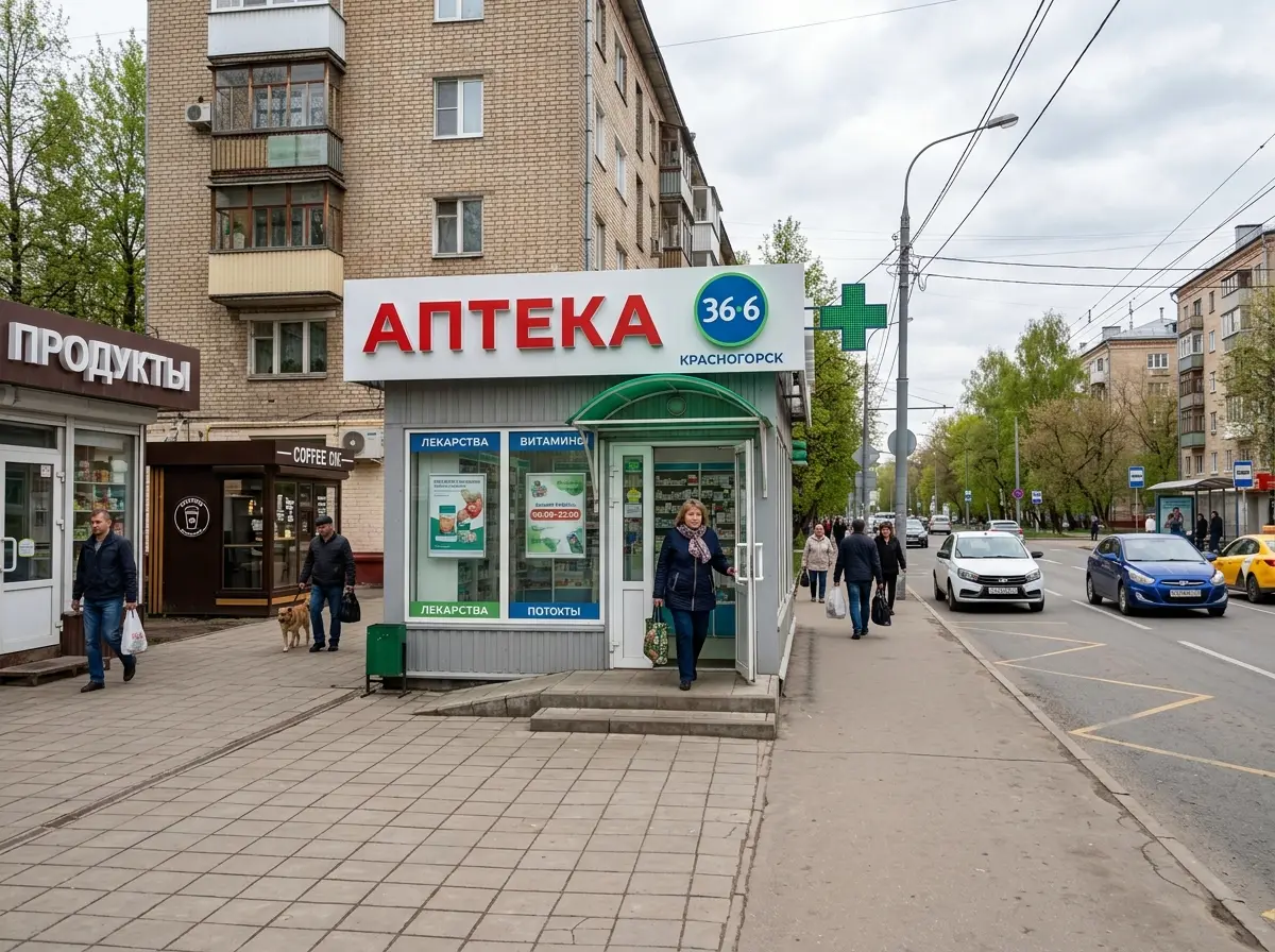 Аптека в Красногорске Московской области, небольшой торговый зал, пригородная торговая улица