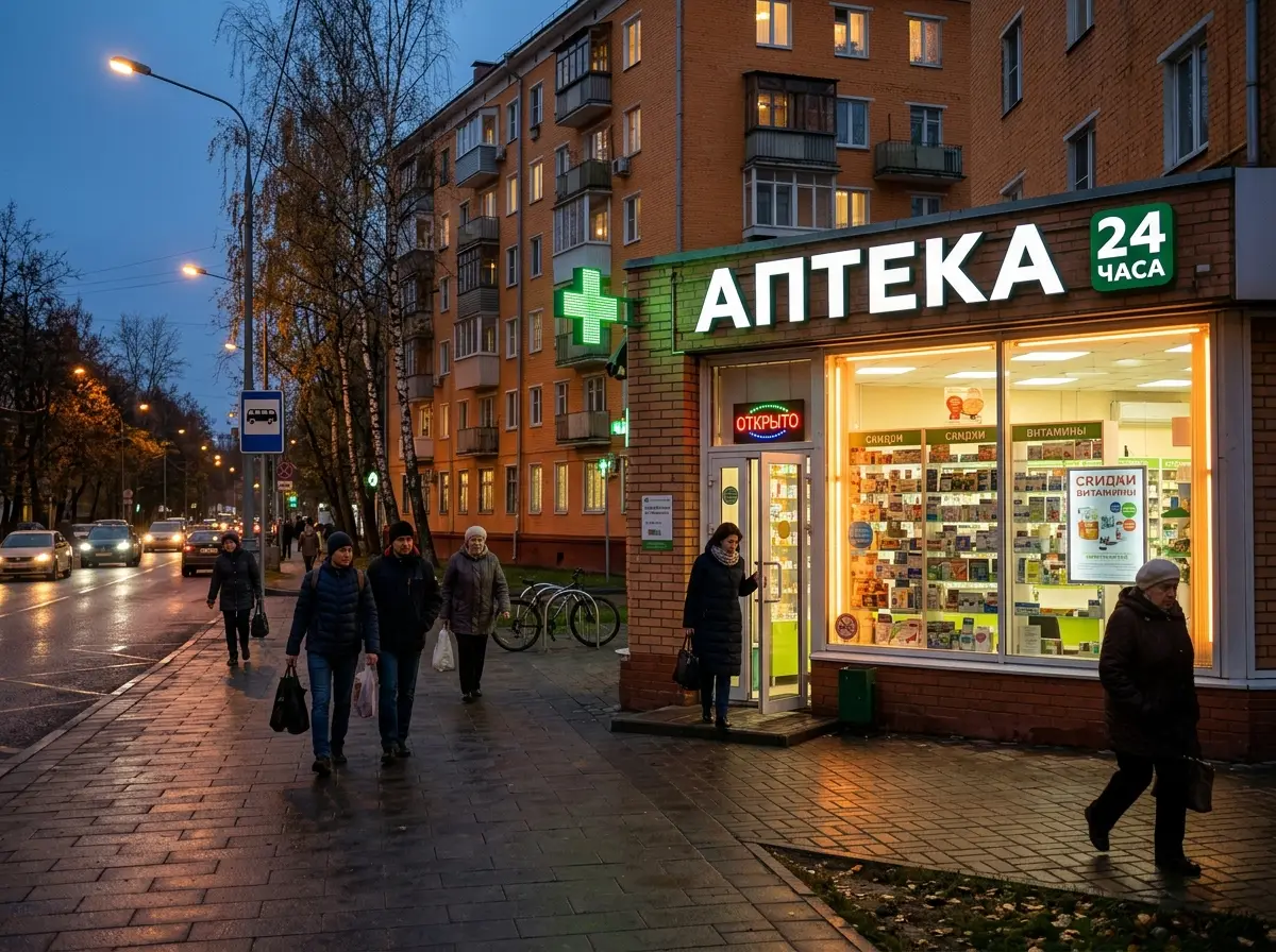 Небольшая аптека формата у дома в жилом квартале Москвы, вечерняя витрина, прохожие на тротуаре