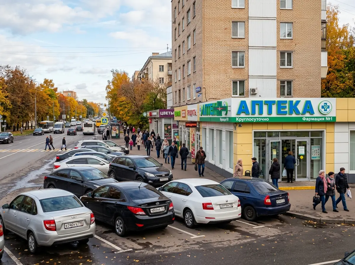 Аптека в Одинцово, торговая улица подмосковного города, осенний день, припаркованные автомобили