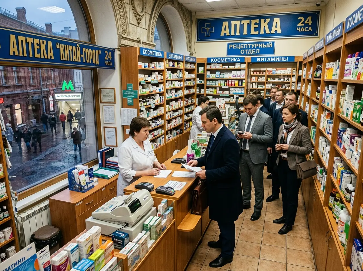 Аптека у станции метро Китай-город, исторический центр Москвы, узкий торговый зал, деловые посетители