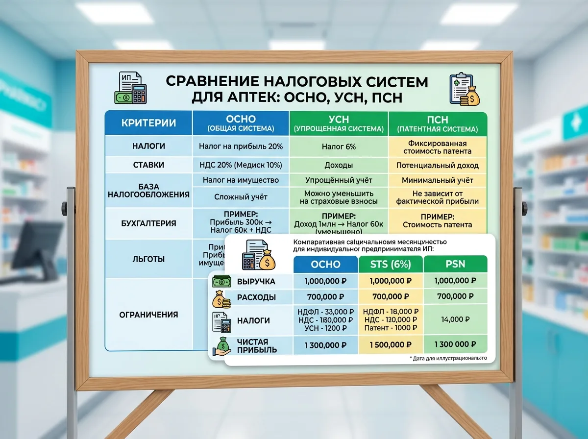 Схема сравнения систем налогообложения для аптеки: ОСНО, УСН, ПСН на доске с расчётами