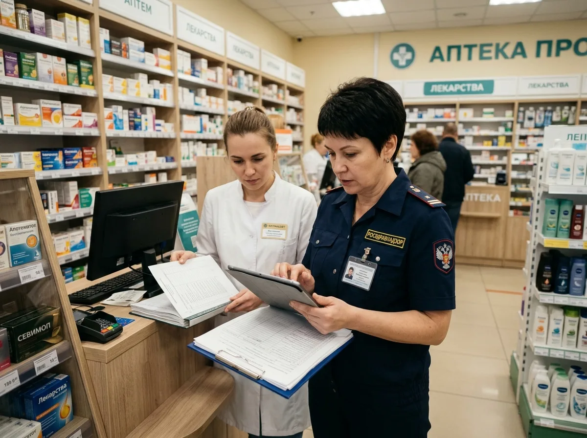 Инспектор Росздравнадзора проводит плановую проверку аптеки с документами и планшетом