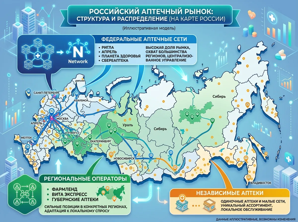 Структура аптечного рынка России: федеральные сети, региональные операторы и независимые аптеки на карте России