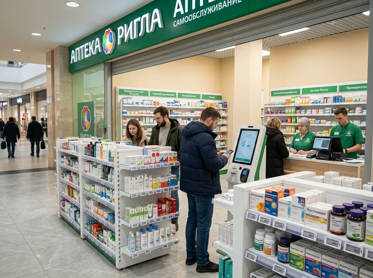 Современная аптека федеральной сети в торговом центре России с электронными ценниками и зоной самообслуживания