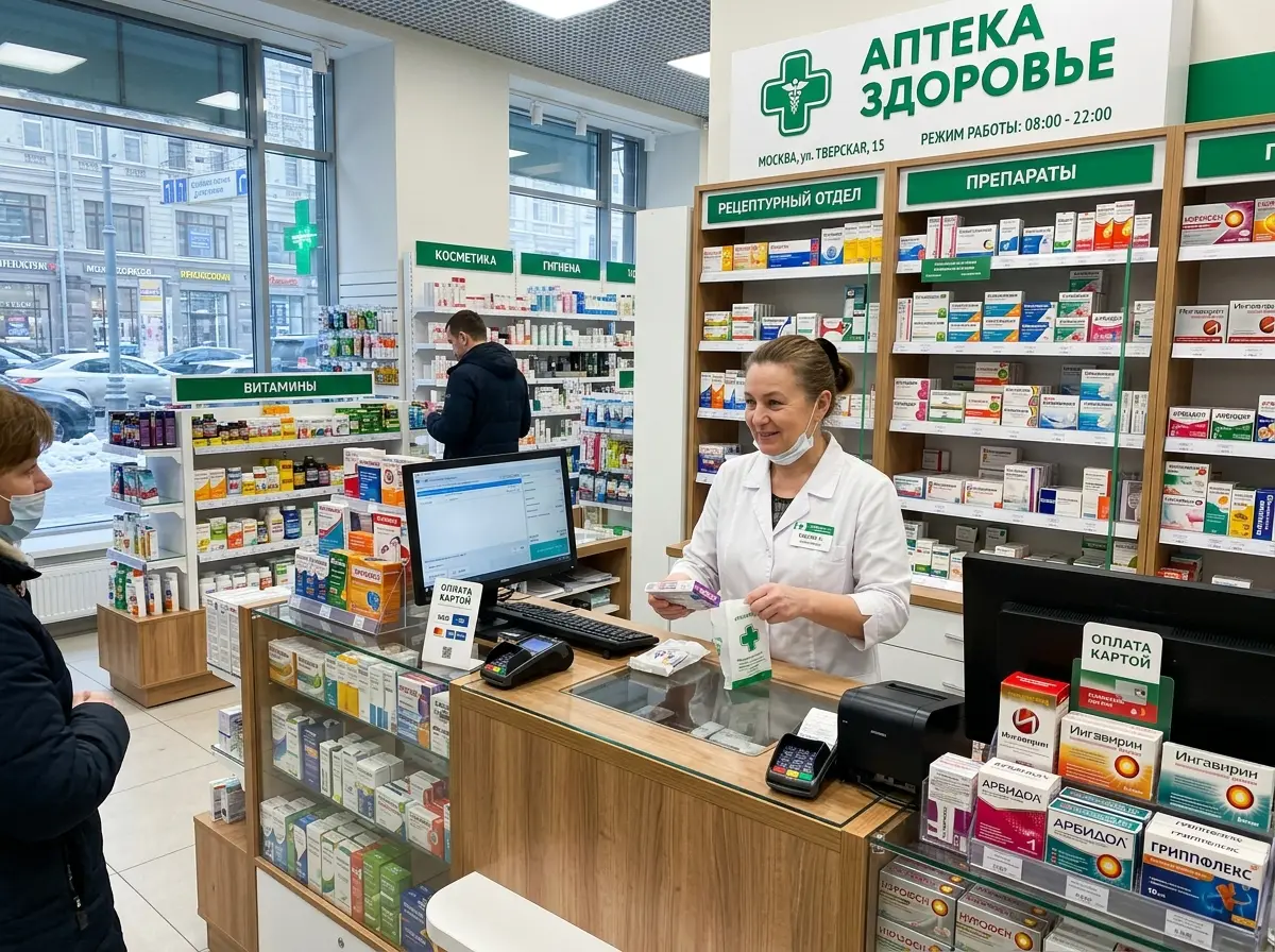Современная аптека с витринами лекарств и фармацевтом за прилавком в России